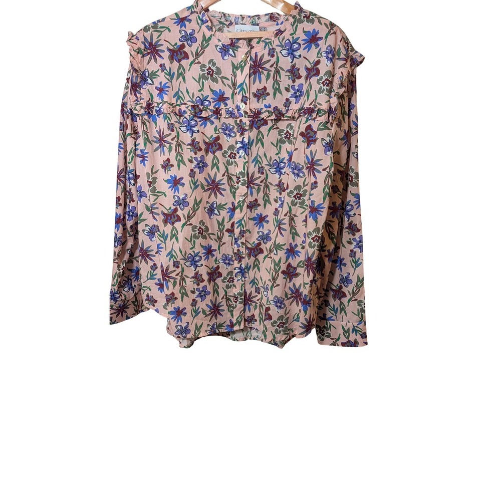 By Stacy London Pink Floral Ruffle Button Down Blouse XL Long Sleeve